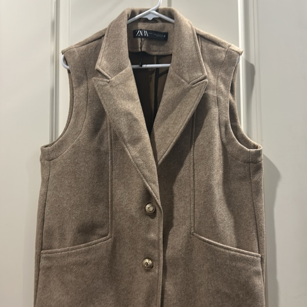 Zara womens button down sleeveless lapel vest jacket coat pockets size M-L tan